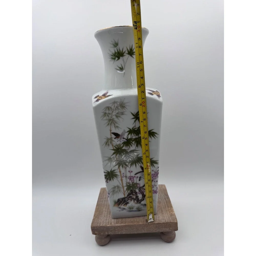 Satsuki Japan Porcelain Vase Vintage Bamboo Birds Cherry Blossom Gold Rim